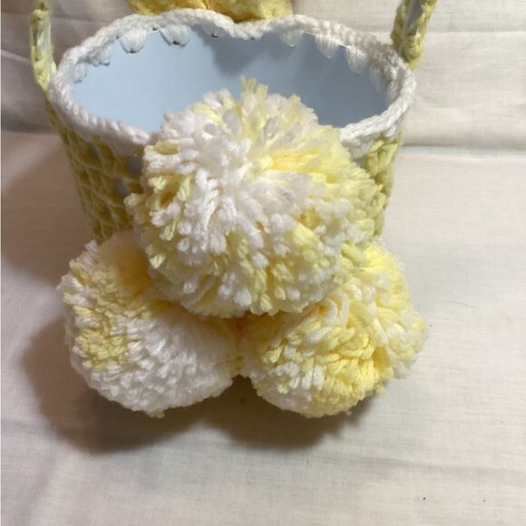 Bunny Easter Basket Handmade Yellow & White Yarn Crochet with Pom Poms - Picture 6 of 12